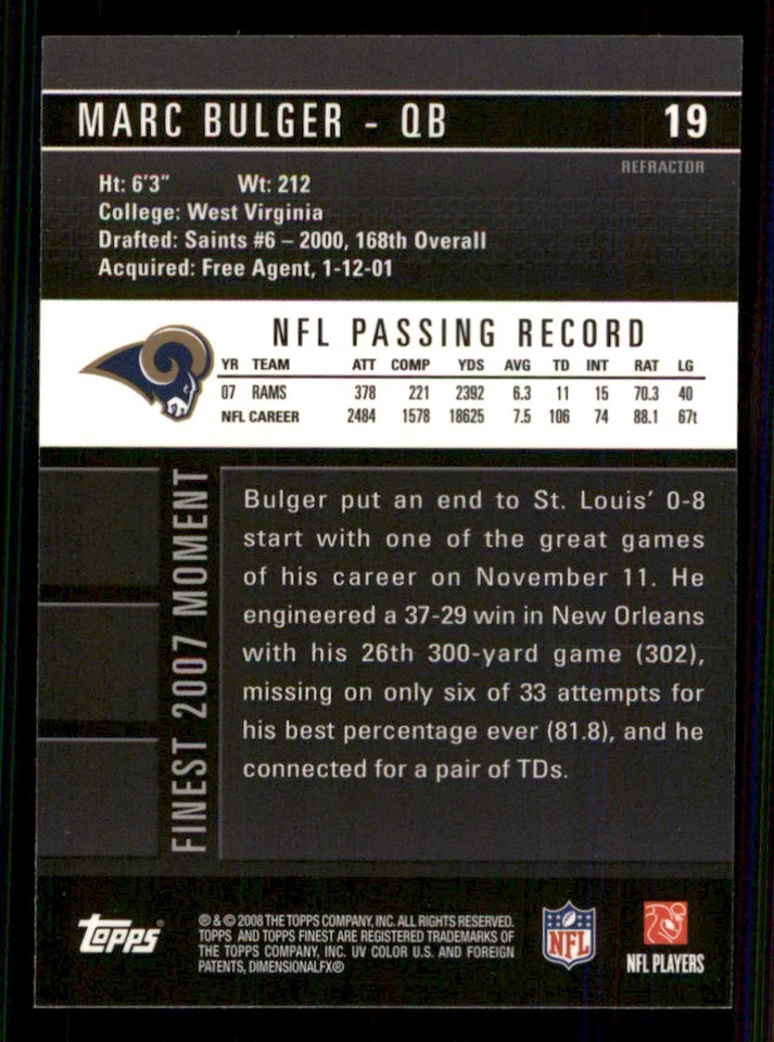 2008 Finest Blue Refractors/Xfractors #19 Marc Bulger - Image 2 of 2