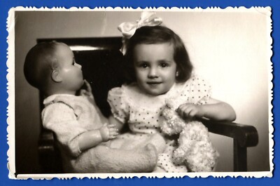 Beautiful little Girl with a Teddy Bear and Large Doll,  Soviet Vintage Photo