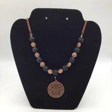 Necklace Handcrafted Fancy Coin Beads Medallion Pendant Blk Beads 21in #2294