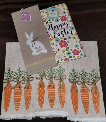 New 5pc Set Spring Easter Kitchen Hand Towels Dish Towels Bunnies Carrots Floral