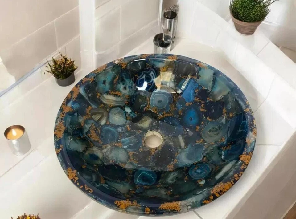 Fregadero de baño de ágata azul y resina dorada | Lavabo de recipiente de piedras preciosas de lujo | Hecho a mano Foto 3 de 3