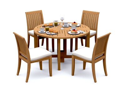 5-Piece Outdoor Teak Dining Set: 48'' Butterfly Rnd Table, 4 Armless Chairs Lagos