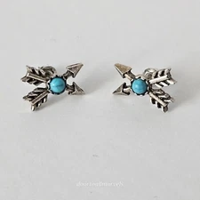Southwestern Crossed Arrows Stud Earrings Silver Color & Blue (Turquoise?) Stone