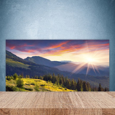 Küchenrückwand aus Glas 100x50cm ESG Spritzschutz Gebirge Wald Sonne Landschaft