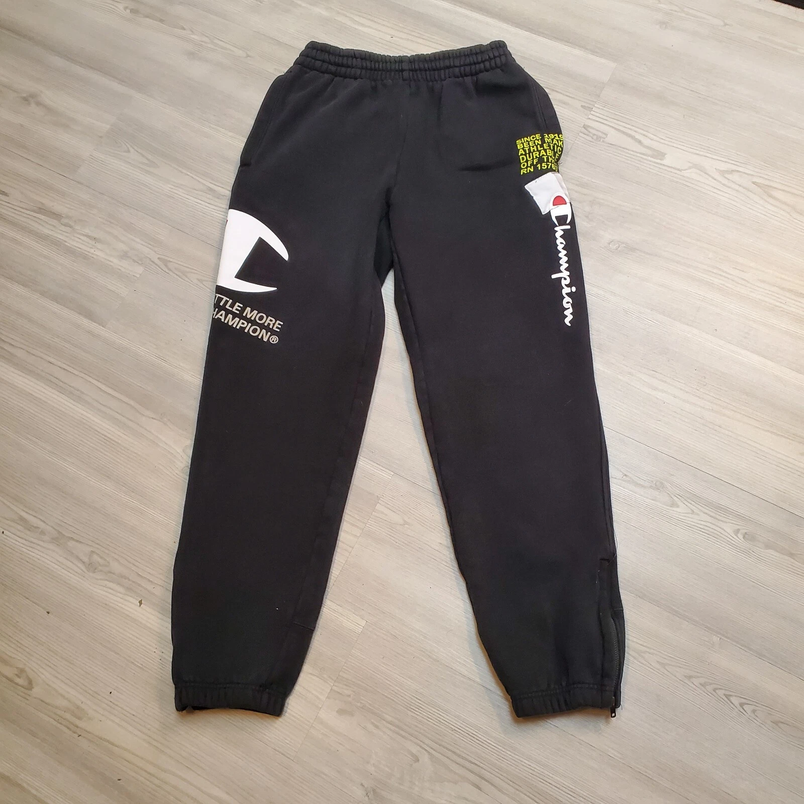 Champion Graphic Men Jogger Pants Black Size S With Zip Ankles & Snap Pockets