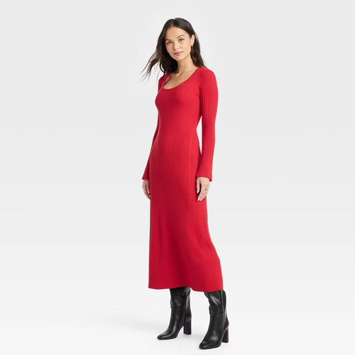 Women's Long Sleeve Maxi Sweater Dress - A New Day Red L