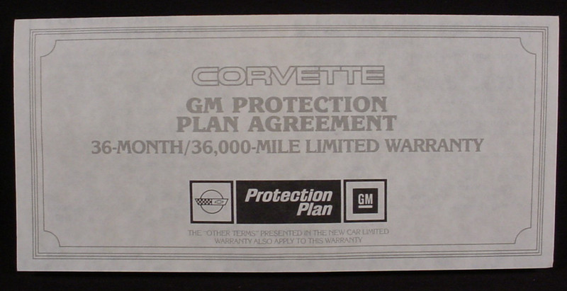 1985 CORVETTE GM PROTECTION PLAN AGREEMENT - # 14085239  - NCRS - N.O.S.