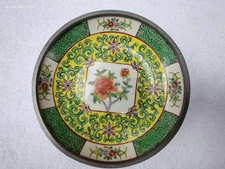 Japanese Porcelain Ware Plate Hand painted W/Pewter Famille Juene