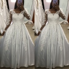 Elegant Wedding Dresses Lace Long Sleeves African Satin White Ivory Bridal Gown