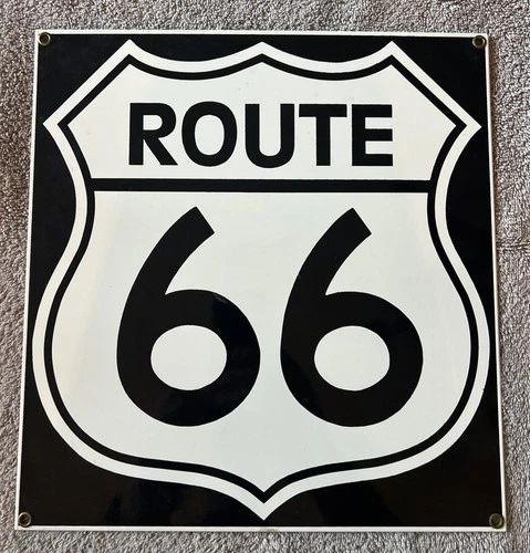 VINTAGE Ande Rooney Porcelain Enameled on Metal ROUTE 66 12" x 11.25" Sign #F74