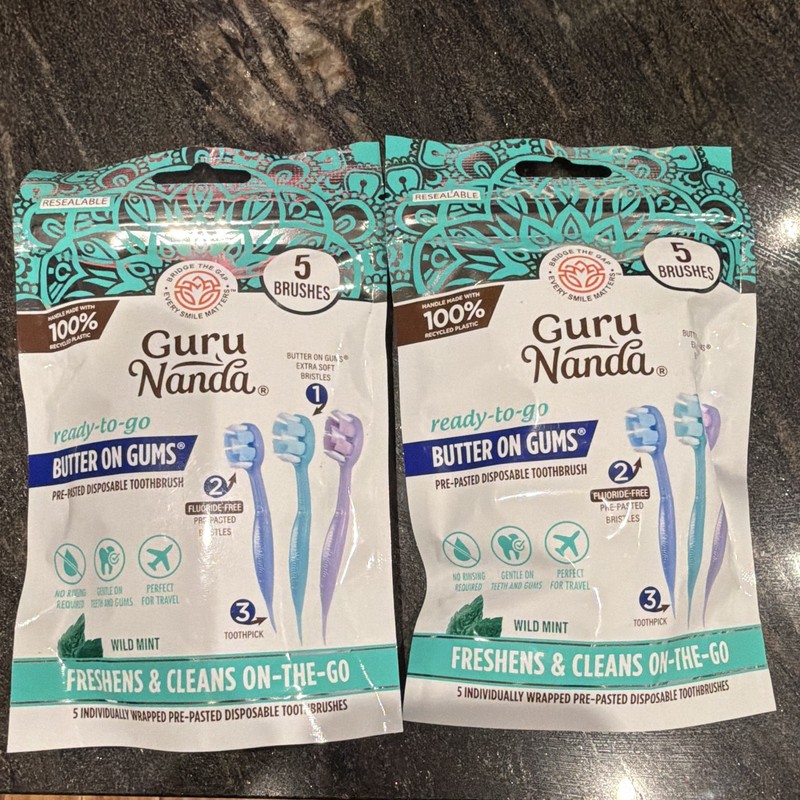 Guru Nanda Butter On Gums Pre-Pasted Disposable Travel Toothbrushes 5 Wild Mint