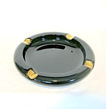 Large BLACK GLASS ASHTRAY Cigarettes or Cigars - w/Gold Decoration  Over 3 lbs!