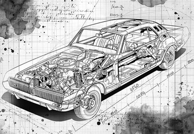Line Tech Zeichnung 1967 Mercury Cougar Auto Car Classic Cutaway Kunst Poster Druck