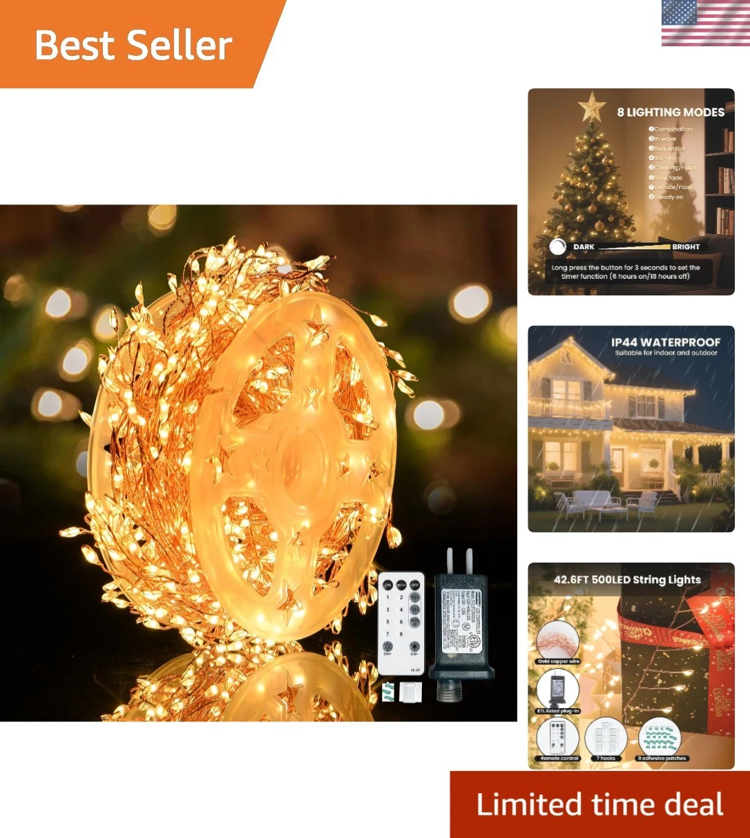 Weatherproof 42.6 ft Fairy Lights with Timer & Remote for Indoor/Outdoor Decor