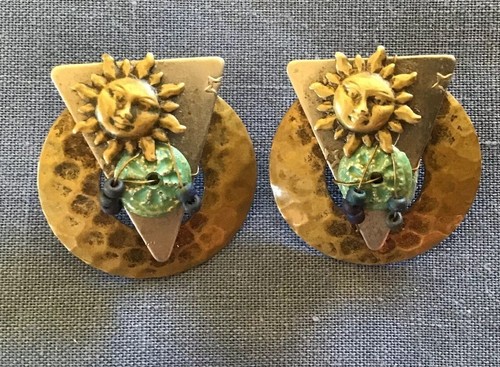 Unusual Vintage Artisan Studio Handcrafted Silver Brass Sun Sol Post Earrings - Picture 2 of 6