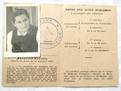 Carte D Etudiant (Student Card) of a Jewish woman Bojarskis, Photo, Bordeaux