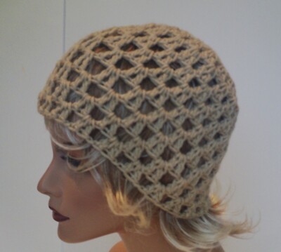 NEW TAN BEIGE OPEN WEAVE BEANIE HAT HAND MADE CROCHET BERET SKULL CAP
