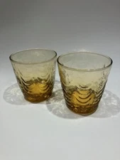 2 Vtg Libbey Juice Rocks Glasses Amber Draped 3 1/4” Tall