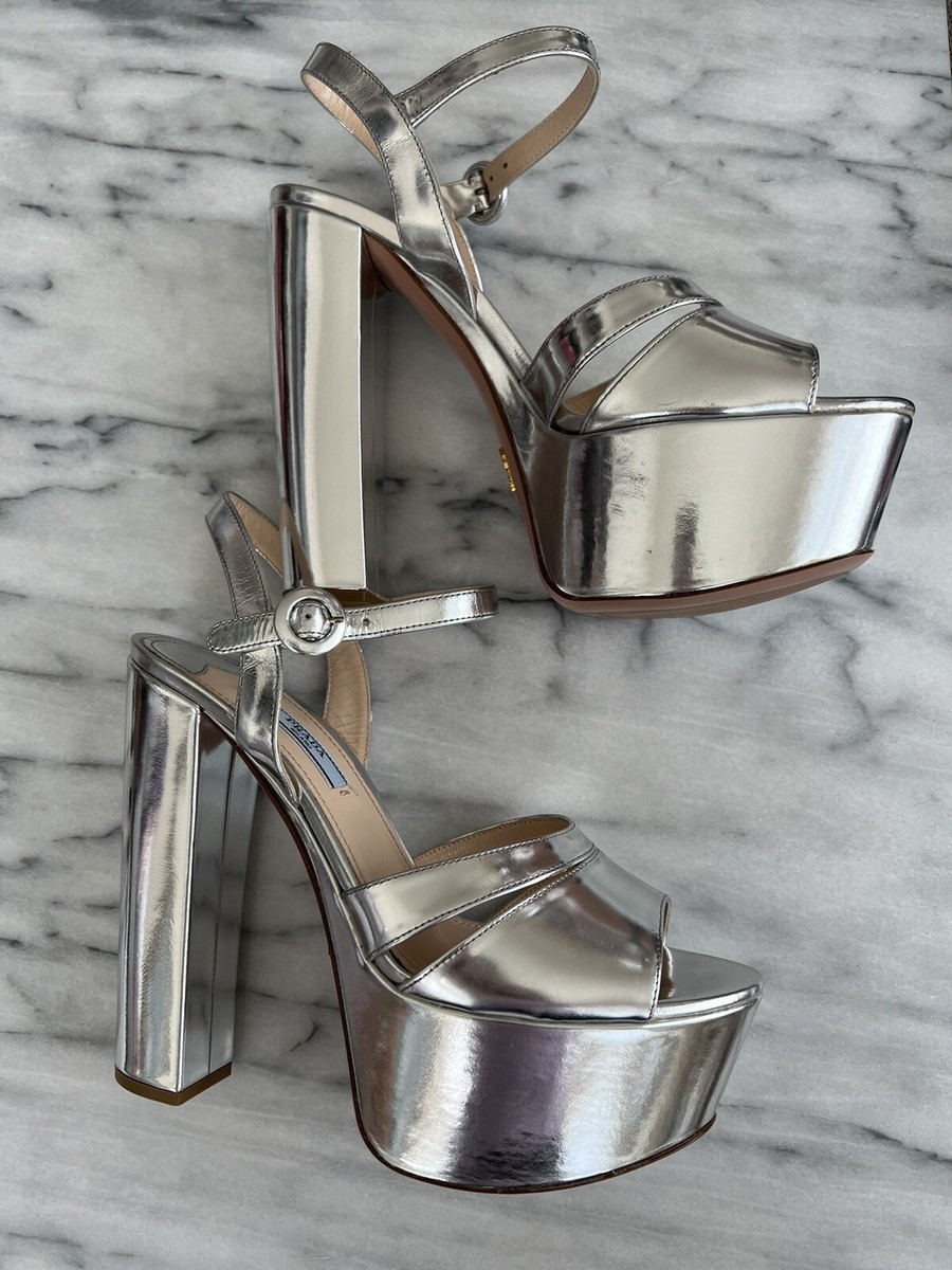 Prada Platform Sandal 39.5 US 9.5 Silver Metallic Leather Prada Platform Sandal 39.5 US 9.5 Silver Metallic Leather