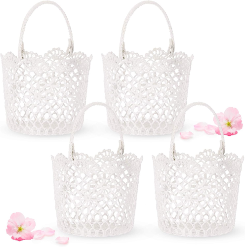 4 Pieces Flower Girl Baskets for Wedding Small White Basket with Handle for Wedd