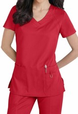 Greys Anatomy Active Womens XXS 41447 3 Pocket V Neck Scarlet Red Scrub Top