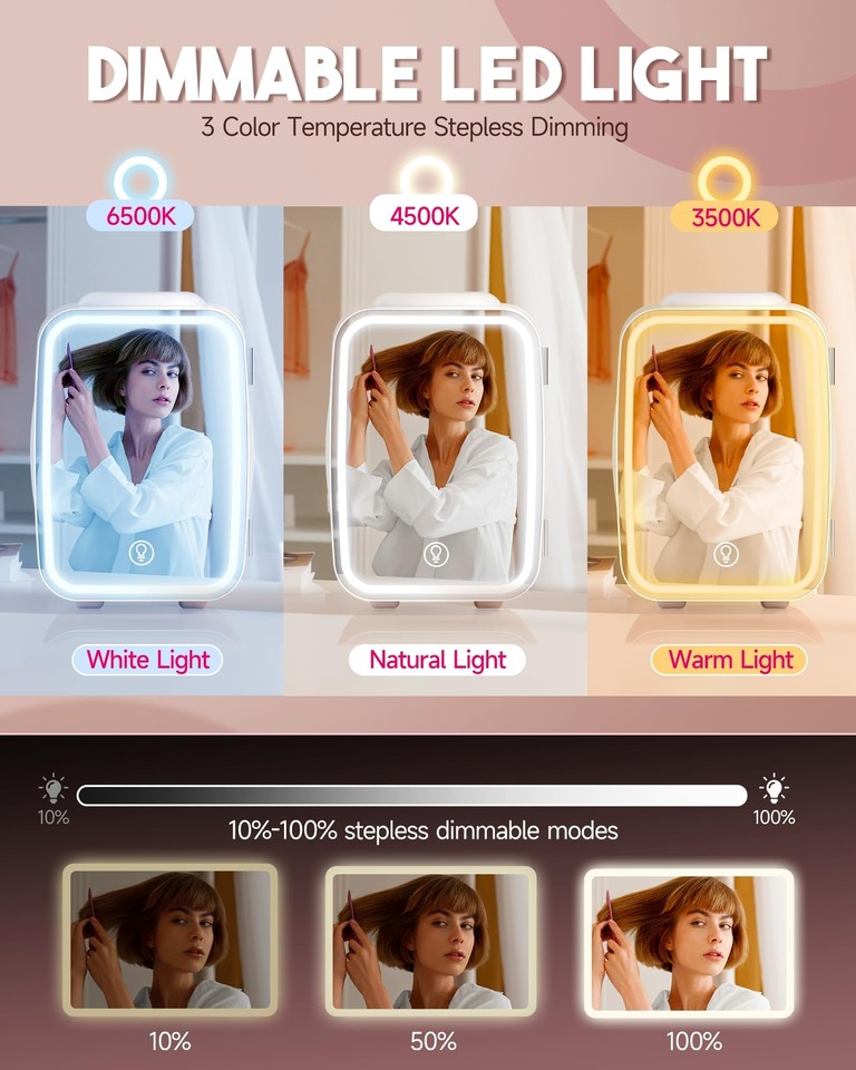 Mini Skincare Fridge with Dimmable LED Light Mirror,4 L/6 Can Mini