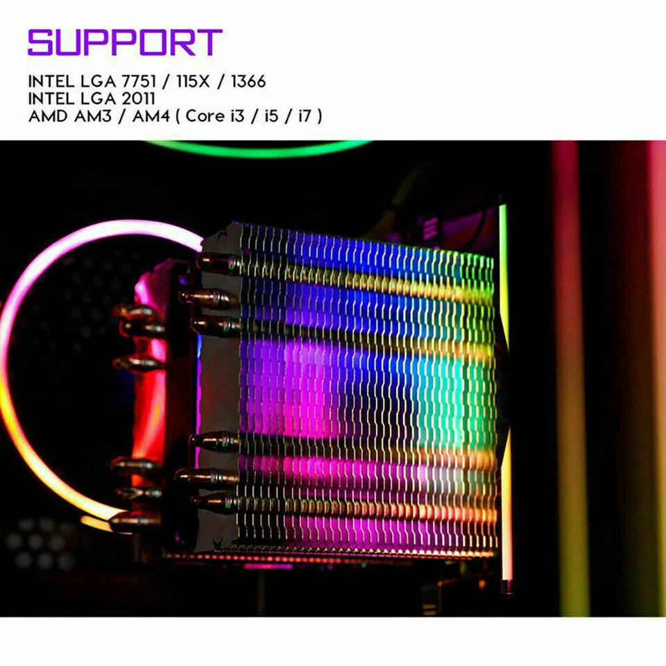 Aigo 6 Heat Pipe CPU Cooler Fan 90mm RGB PWM 3Pin SYNC Computer Heatsink For LGA - Image 3 of 4