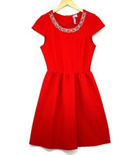 Alya Women's Red Beaded Round Neck Cap Sleeve Fit & Flare Dress Medium