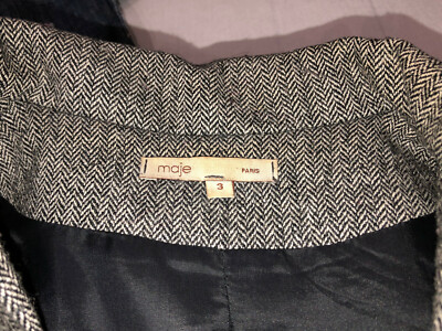 Manteau En Laine Gris à Chevrons MAJE - Taille 3 (FR 40-42), Occasion Très Bon état, Fabrication Française