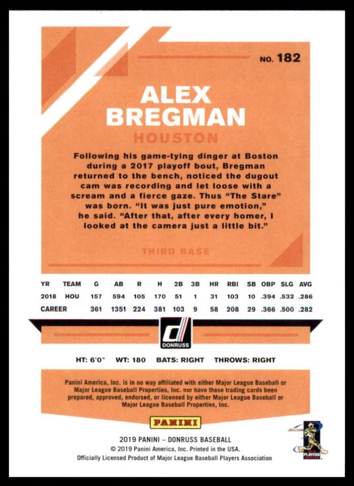 Alex Bregman 2019 Donruss #182b grey uniform Houston Astros - Image 2 of 2