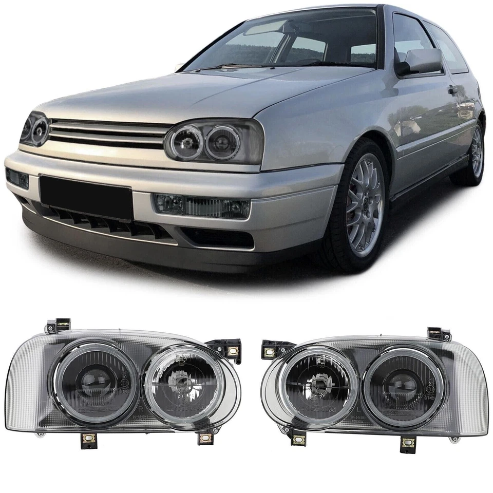 Volkswagen VW Golf 3 Jetta Rabbit MK3 Black Hella Style Smoke Head Lights 93-99 - Image 2 of 4