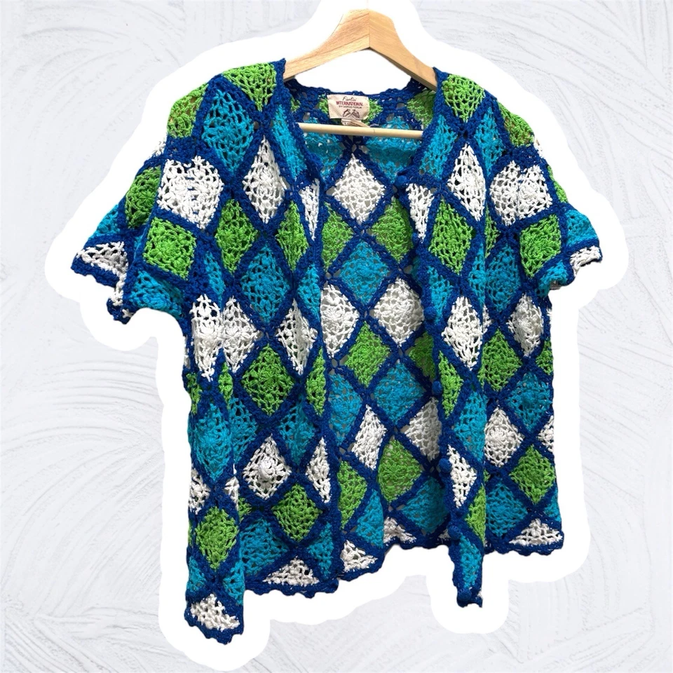Fiorlini International Verde y Azul Crochet Cárdigan Suéter Talla L Foto 2 de 4