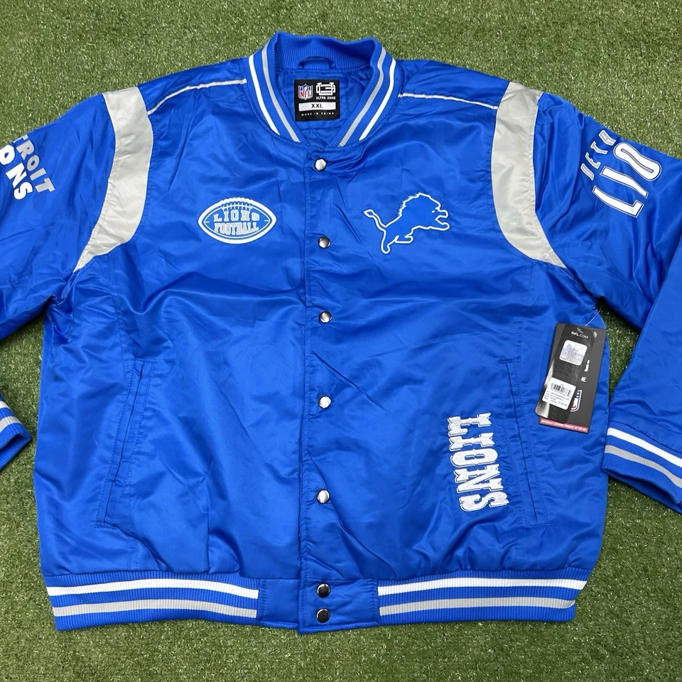 Detroit Lions Full Snap Blue Satin Bomber Varsity Jacket Size XL,XXL NWT - Image 2 of 4