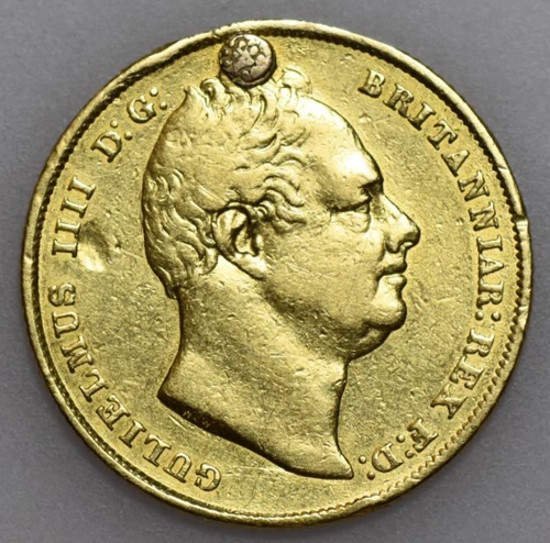 SCARCE 1832 WILLIAM IV GOLD SOVEREIGN, BRITISH COIN PLUGGED WITH A FANAM, VF