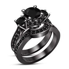 2CT Round Cut Lab Created Diamond Bridal Wedding Ring Set 14K Black Gold Over