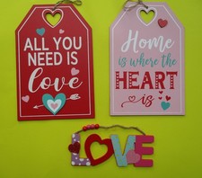 3 wooden signs plaques HEARTS - LOVE - Valentine's Day HANGING