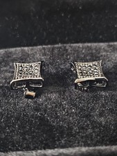 .925 Sterling Silver Black Square 7.5mm Earrings with black prong set CZs 