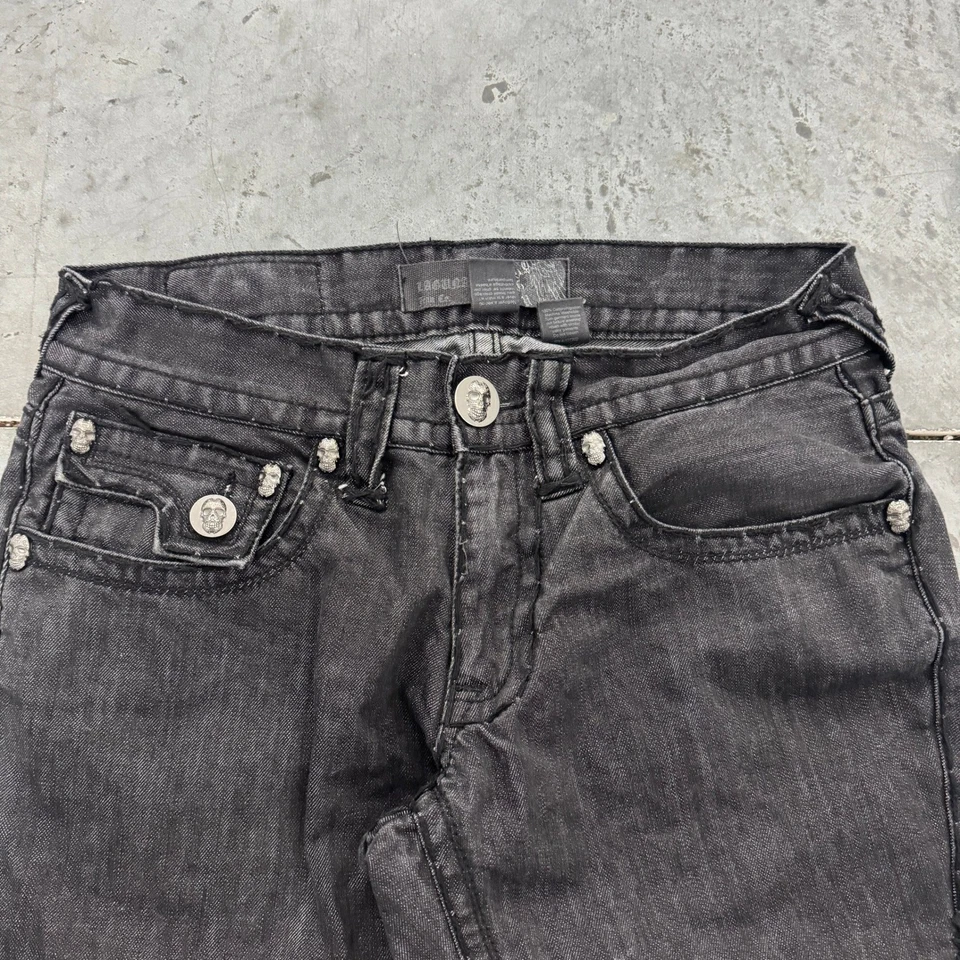 Pantalones de mezclilla Laguna Beach para hombre negros lavados corte bota calavera emblema detalle talla 32 cortos Foto 4 de 4
