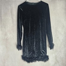 Women Black Velvet Feather Trim Bodycon Mini Dress Long Sleeve Party Size M