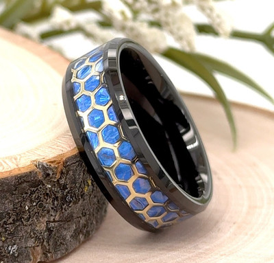 Blue Wood Honeycomb Pattern Band 8mm Black Tungsten Women Ring For Christmas Gif