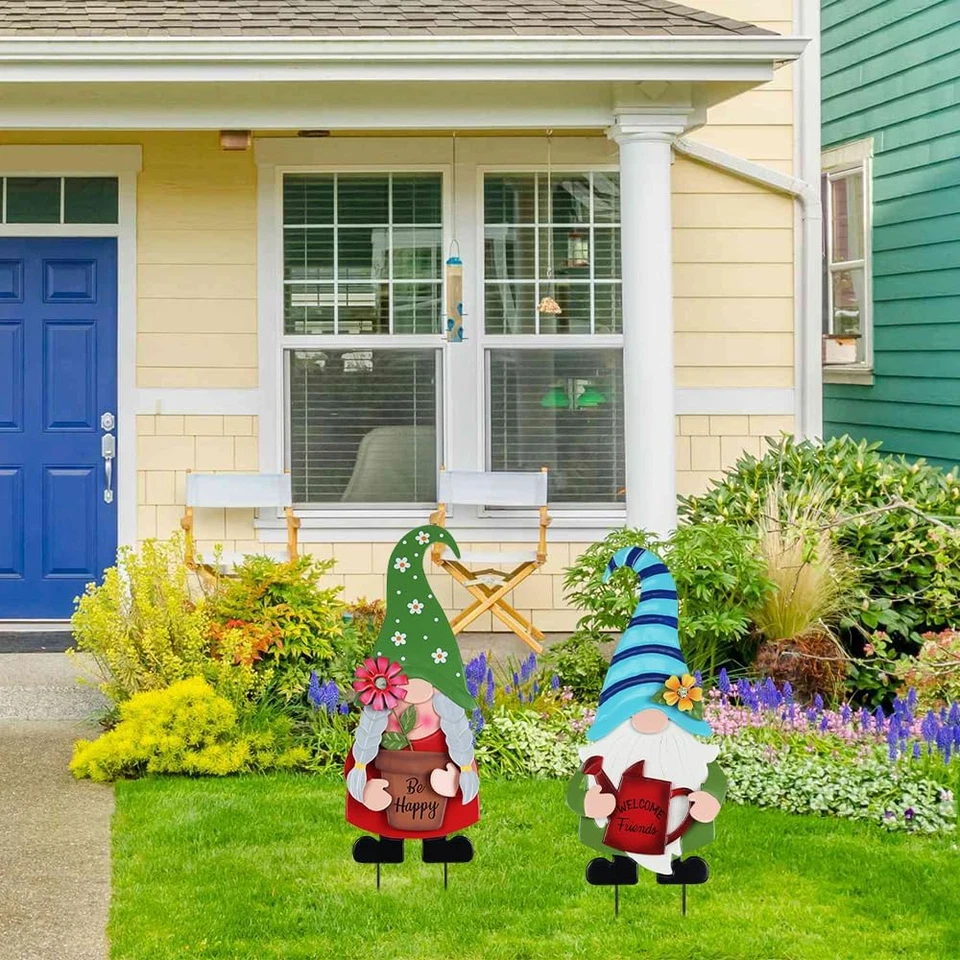 Decoración de jardín para exterior, juego de 2 gnomos de metal 27,6” estacas de jardín decorativas con Foto 2 de 4