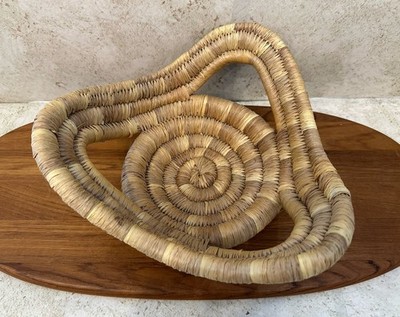 Title: Vintage Coiled Fiber Art Basket Sculpture Spiral Folk Art Organic Modern