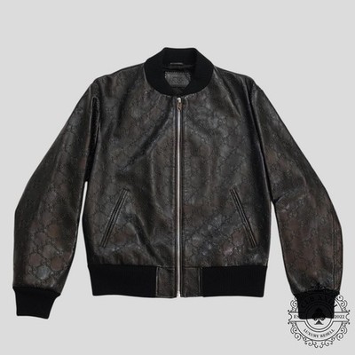 Gucci GG Leather Bomber Jacket in Black | eBay