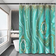 Turquoise Marble Shower Curtain 65x72 Inch Abstract Gold Quicksand Glitter