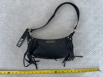 XOXO Fringe Hobo Bag Black Leather Embossed Bow Zipper Pockets Shoulder Bag