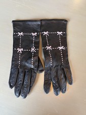 Vintage Portolano Women's Black Leather Gloves Silk Lined Pink Stitched Sz 8.5