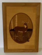 Vintage Hudson River Inlay Marquetry Wood Art Jeff Nelson Deer In Forest Nature