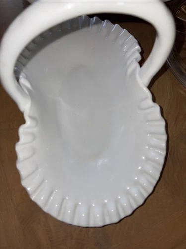 Vintage Fenton Hobnail Milk Glass Large Oval Ruffled Basket 12.75"L