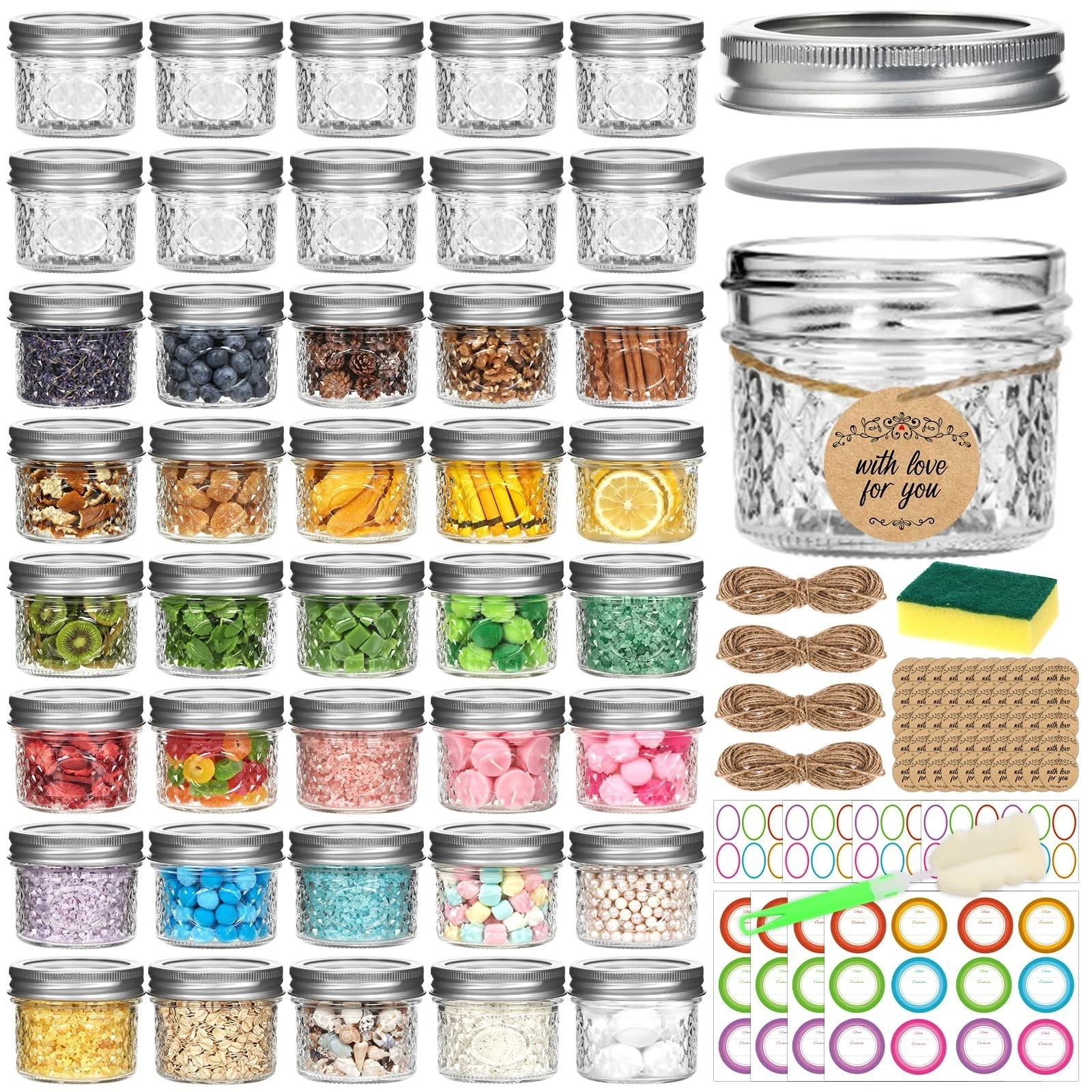 4 oz Glass Mason Jars with Airtight Silver Lids and Bands, 40-Pack with Stick...