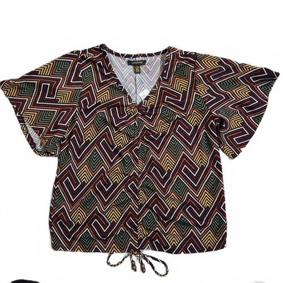 Goddess Women's Geometric Print Flutter Sleeve Tie Front Top Size L